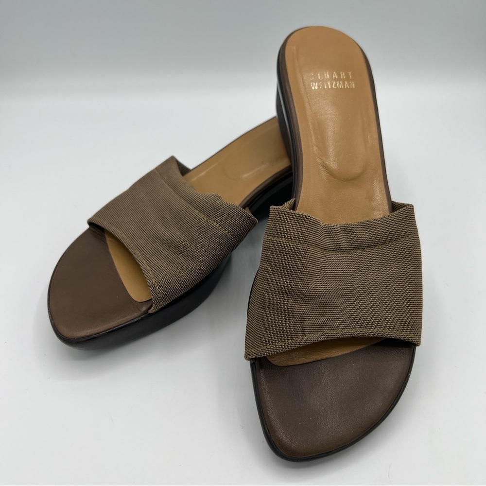 Stuart Weitzman Women's Brown Tan Slide Sandals Wedge Heel 8M